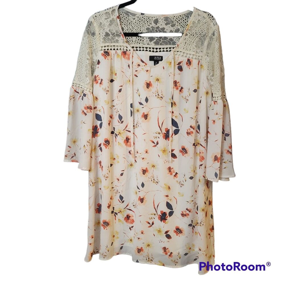 A.n.a. A New Approach Women White Fall Floral 3/4 Sleeve Blouse Sz 14 Plus Lined